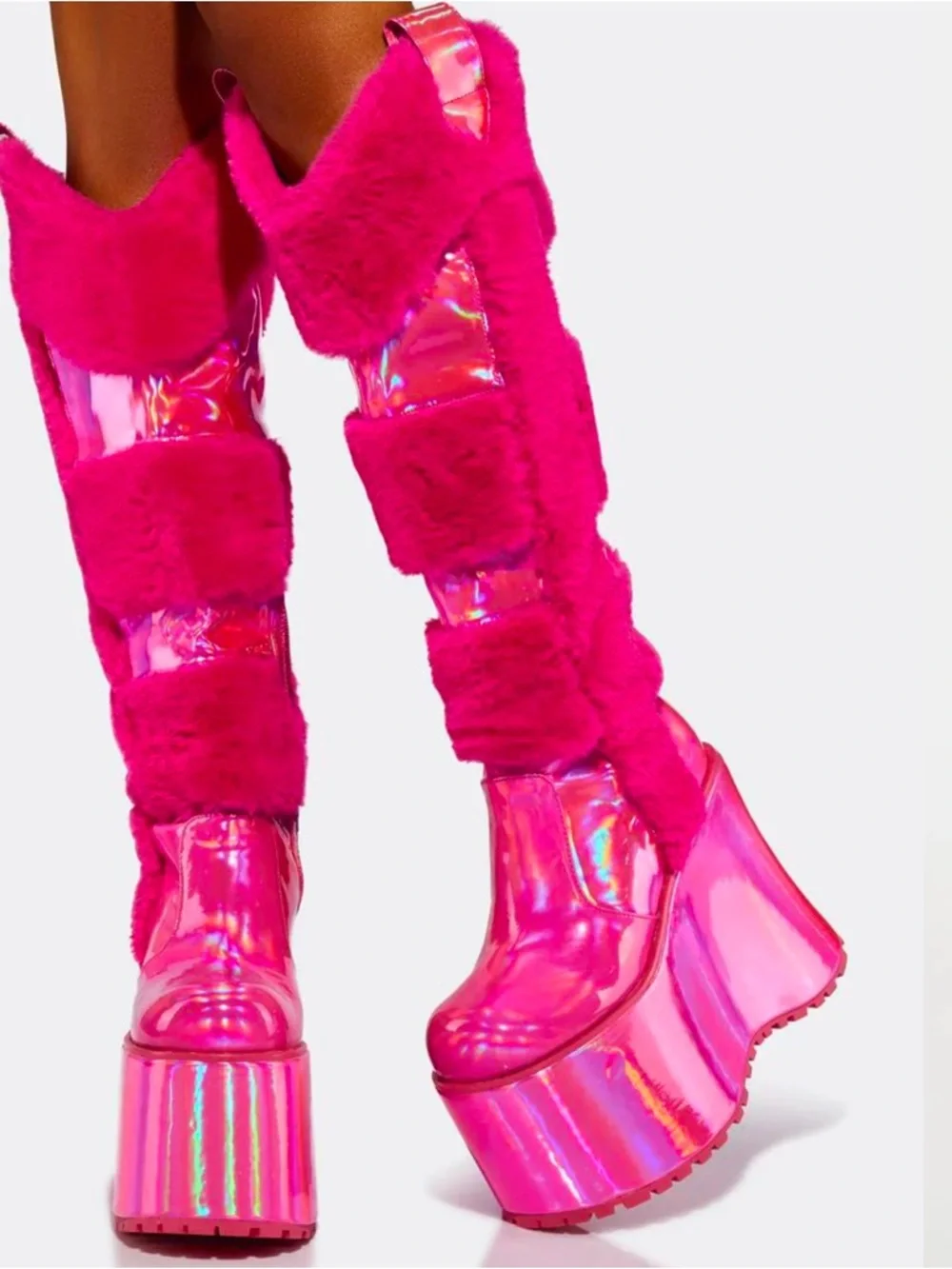 Hot Pink Holographic Snowy Rodeo Knee-High Boots - Picture 6 of 6